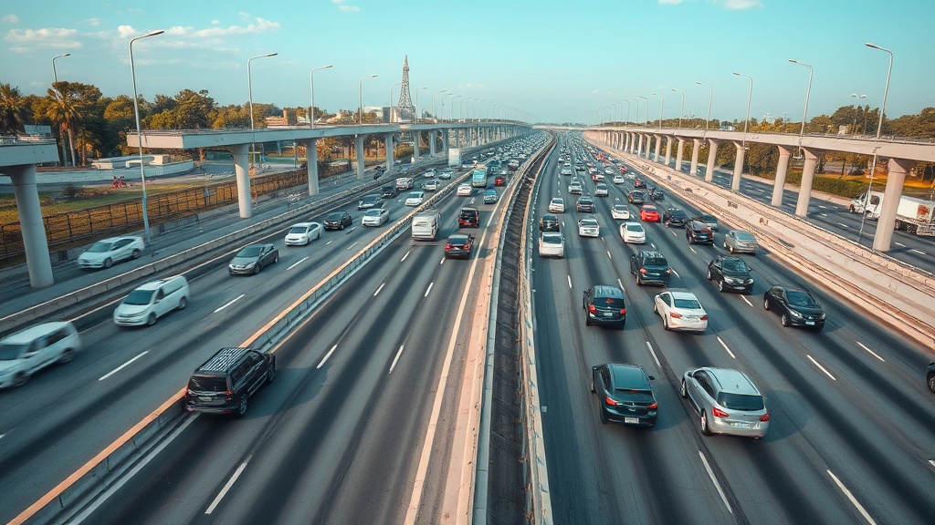 고속도로의 다양한 차로와 통행 차량들이 보이는 전경 이미지