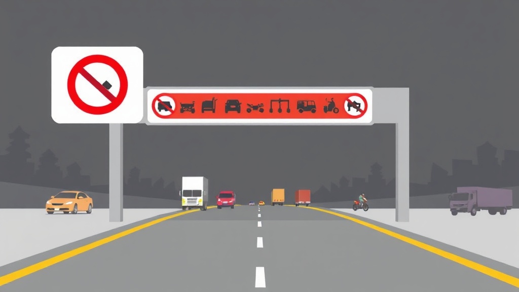 고속도로 입구에 설치된 차량 진입 제한 표지판과 여러 종류의 차량들을 나타낸 이미지